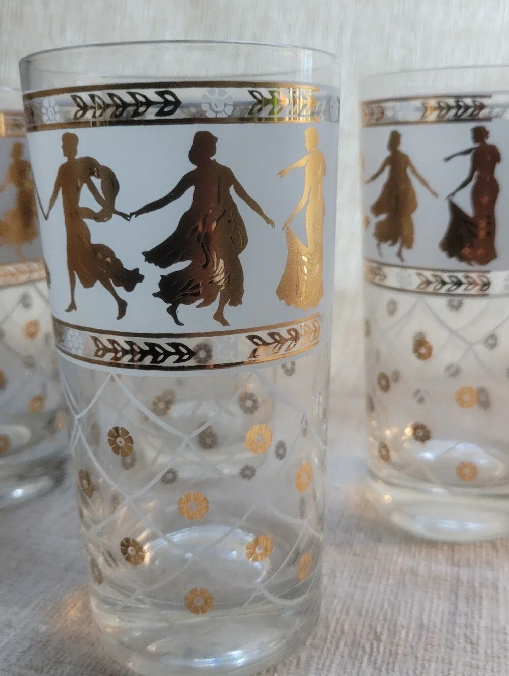 Vintage MCM Culver Style Roman Goddess Highball Glasses - 22k Gold Accent Set 6